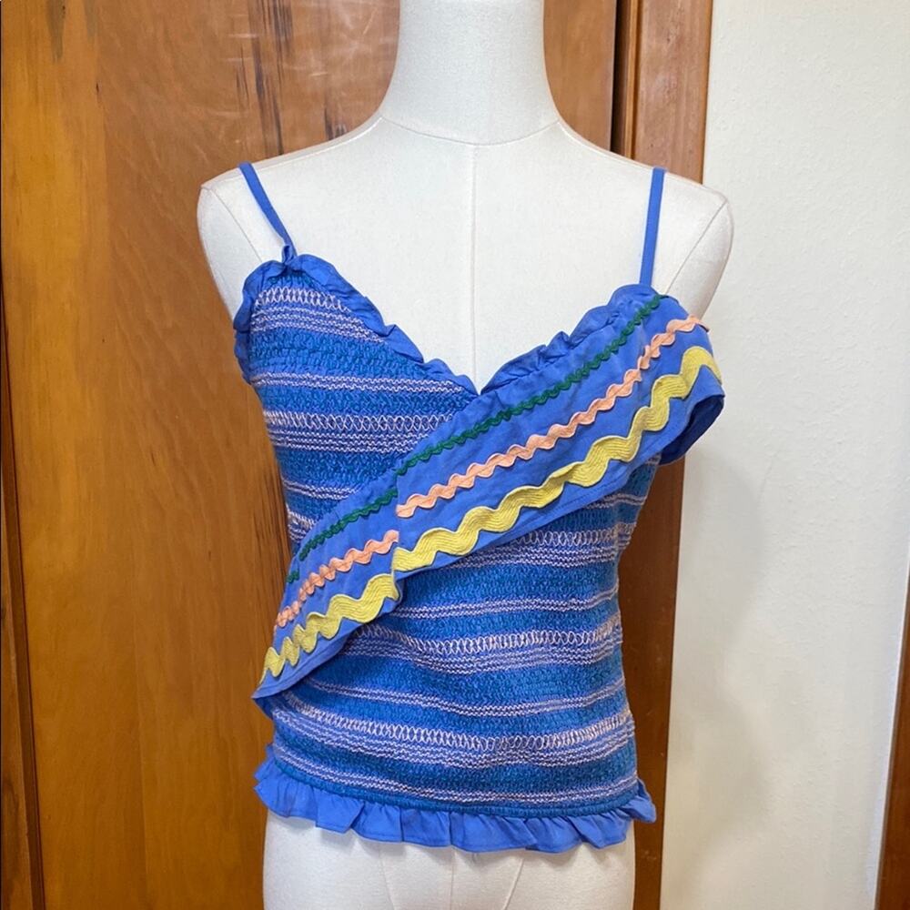 Blue Pink Yellow Ruffled Camisole Top Tank Bric-a-brac Adjustable Straps Boho